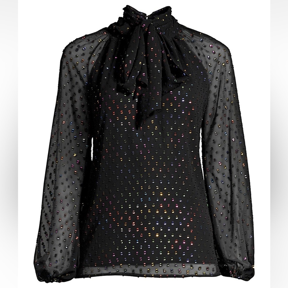 Trina Turk Cocktail Soiree Greyhound Tie-Neck Blouse